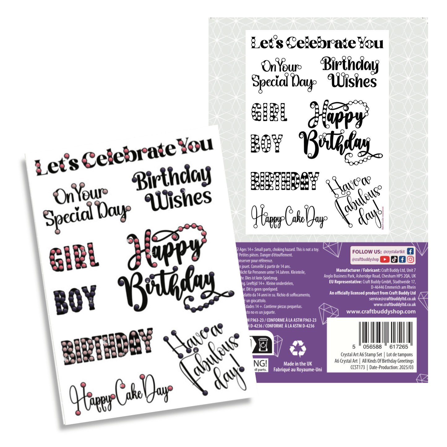 All Kinds Of Birthday Greetings Crystal Art A6 Scrapbook Stamp Set