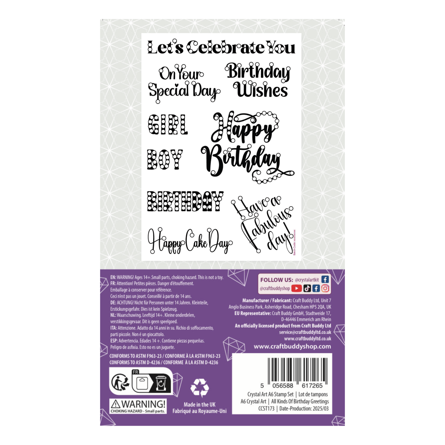 All Kinds Of Birthday Greetings Crystal Art A6 Scrapbook Stamp Set