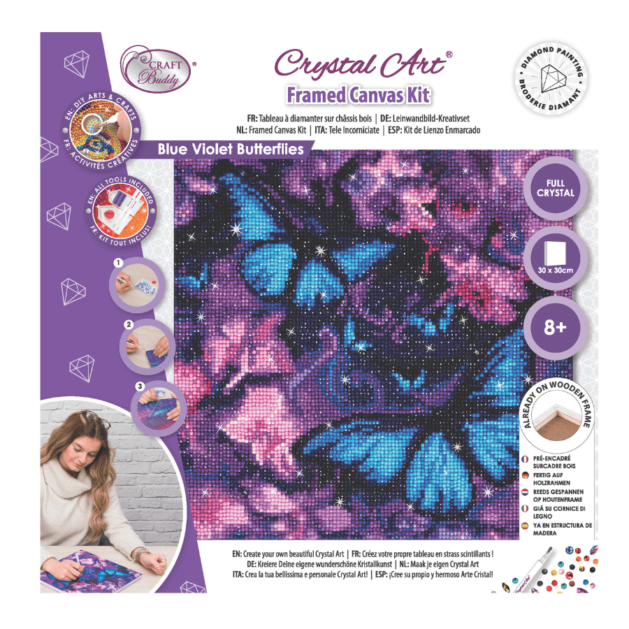 "Blue Violet Butterflies" Crystal Art Canvas Kit 30x30cm