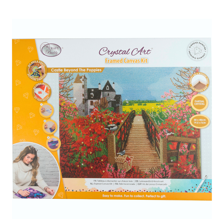 Castle Beyond The Poppies Crystal Art Framed Canvas Kit 50x40cm