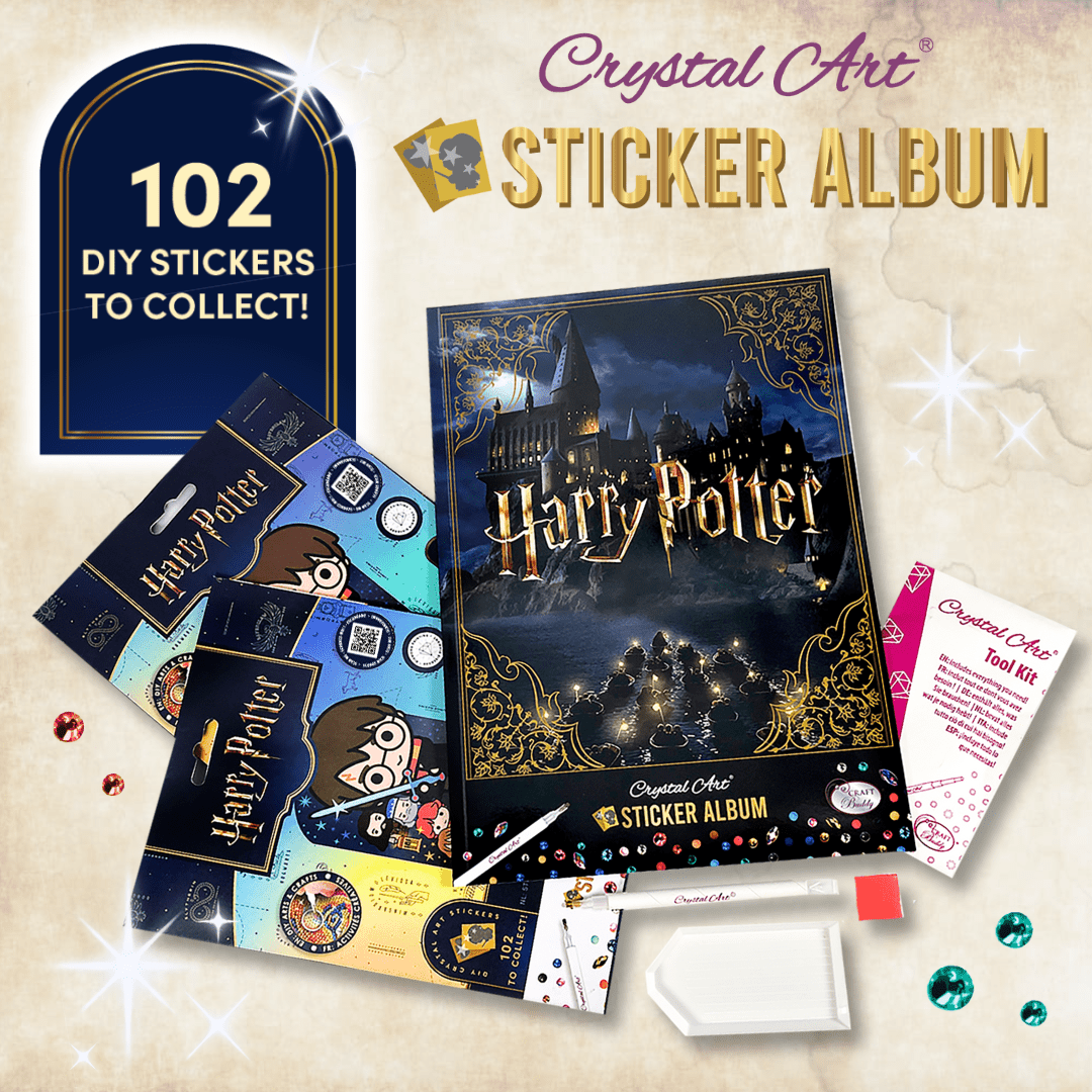Harry Potter Diamond Art Sticker Album Starter Pack with 102 stickers and accessories on a decorative background