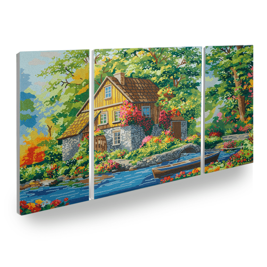 Lake By The Cottage Crystal Art Canvas Triptych complete