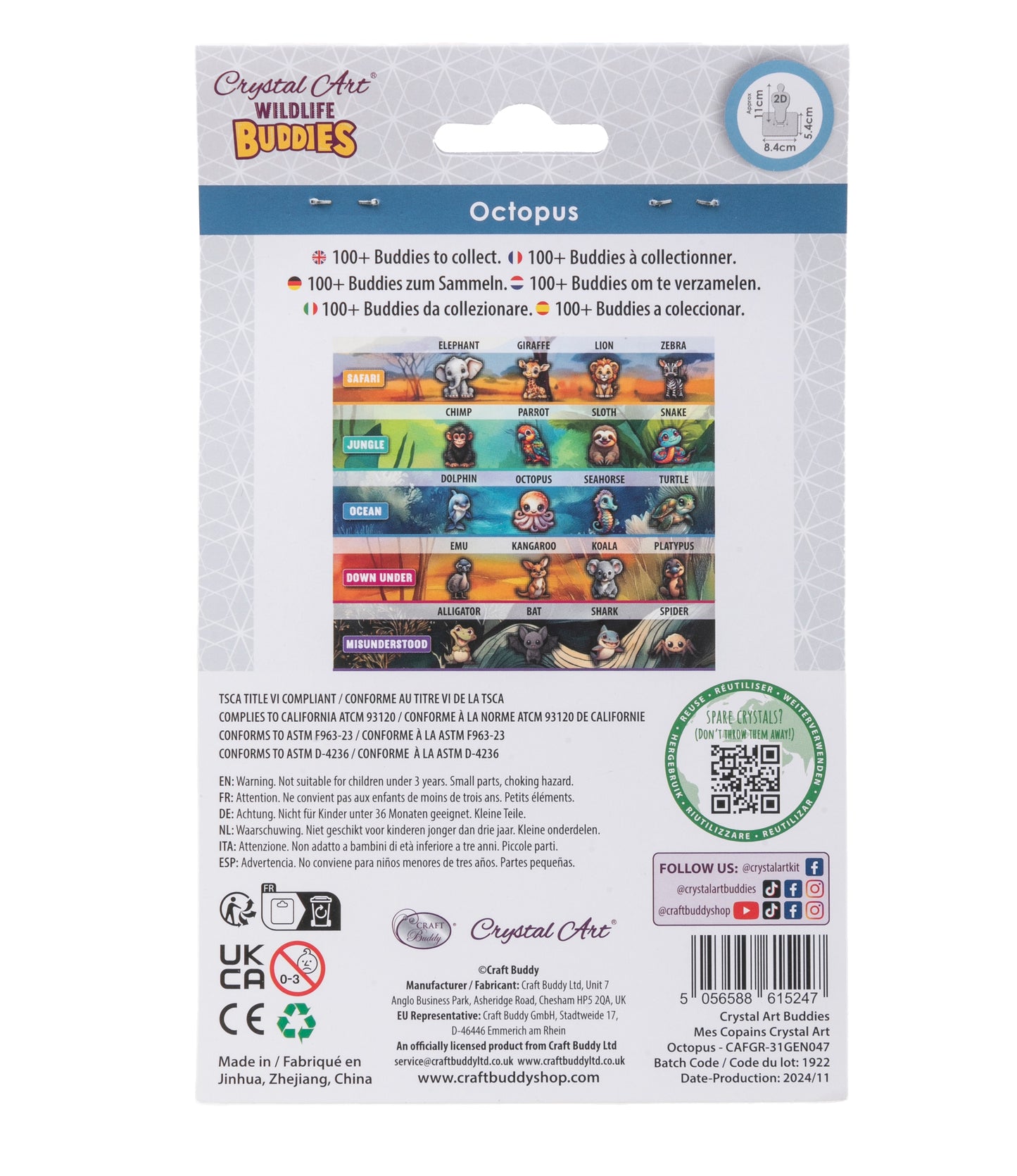 Octopus Crystal Art Wildlife Buddies pack back