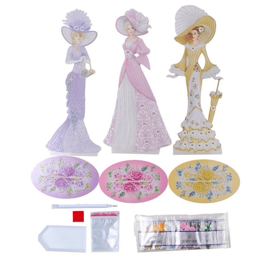 Victorian Ladies Crystal Art Wooden Decoration Set 3
