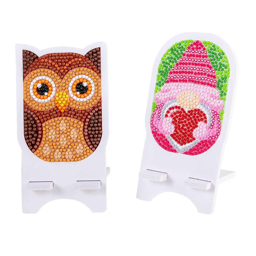 "Owl & Gnome" Crystal Art Mobile Phone Holder Set