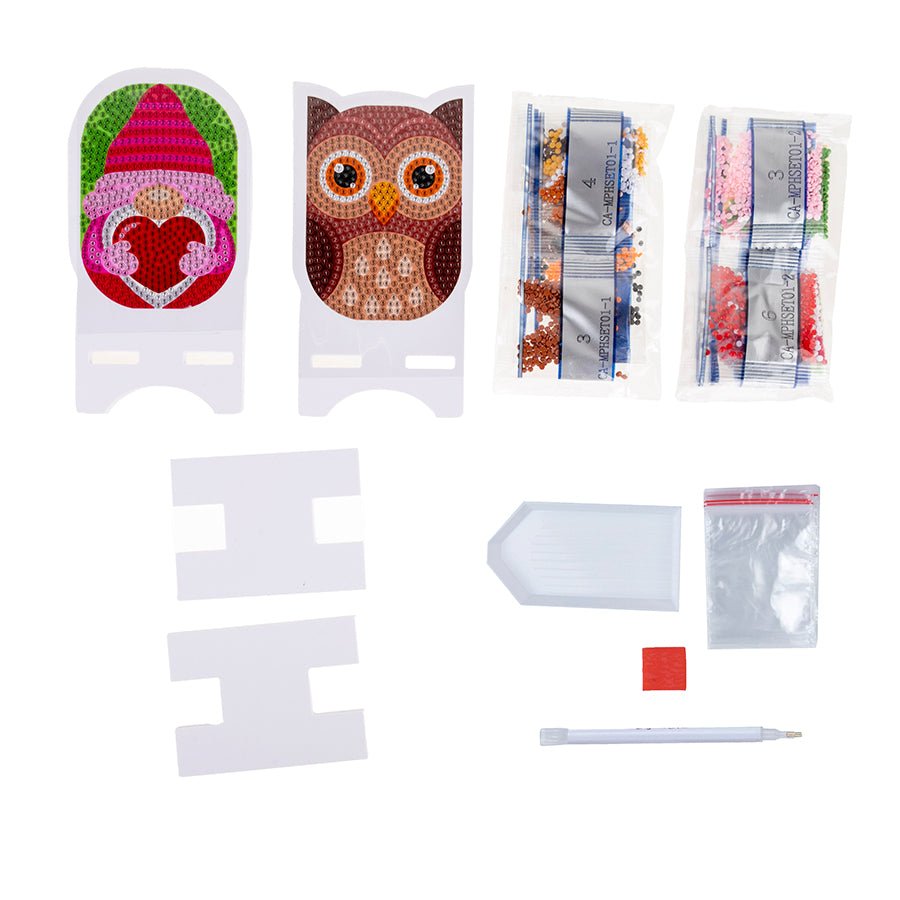 "Owl & Gnome" Crystal Art Mobile Phone Holder set of 2 contents