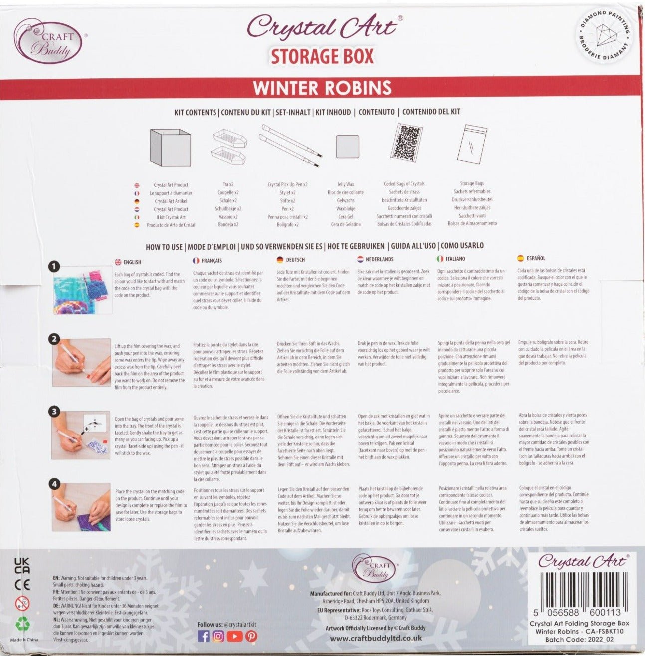Crystal Art Folding Storage Box - Winter Robins - Back Packaging